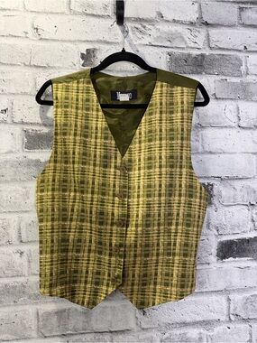 Men's Olive Plaid Dress Vest - Classic Button Front